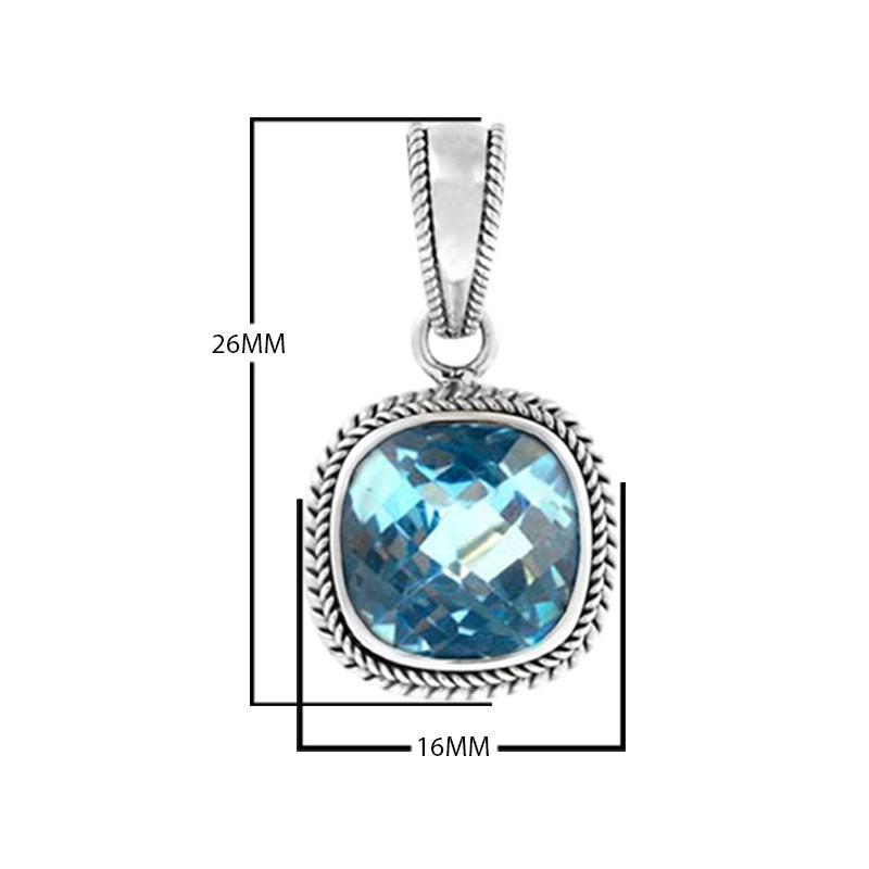 Sterling Silver Blue Topaz Quartz Faceted Cushion Rope Frame Pendant