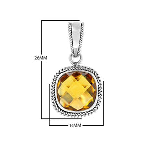 Sterling Silver Citrine Quartz Faceted Cushion Rope Frame Pendant