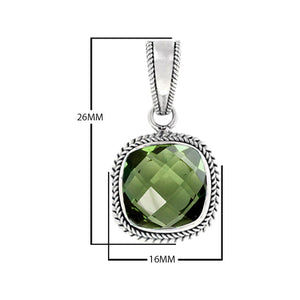 Sterling Silver Green Amethyst Quartz Faceted Cushion Rope Frame Pendant