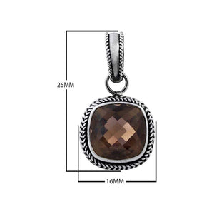 Sterling Silver Smoky Topaz Quartz Faceted Cushion Rope Frame Pendant