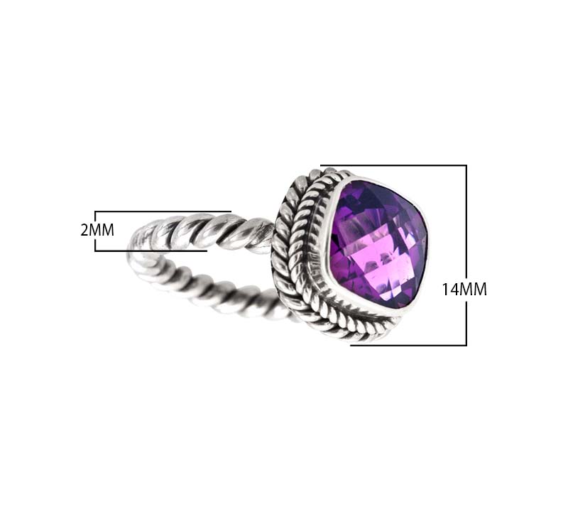 Sterling Silver Rope Band Ring With Amethyst Quartz Cushion Center