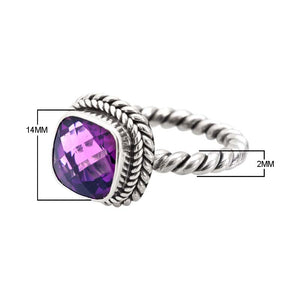Sterling Silver Rope Band Ring With Amethyst Quartz Cushion Center