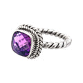 Sterling Silver Rope Band Ring With Amethyst Quartz Cushion Center