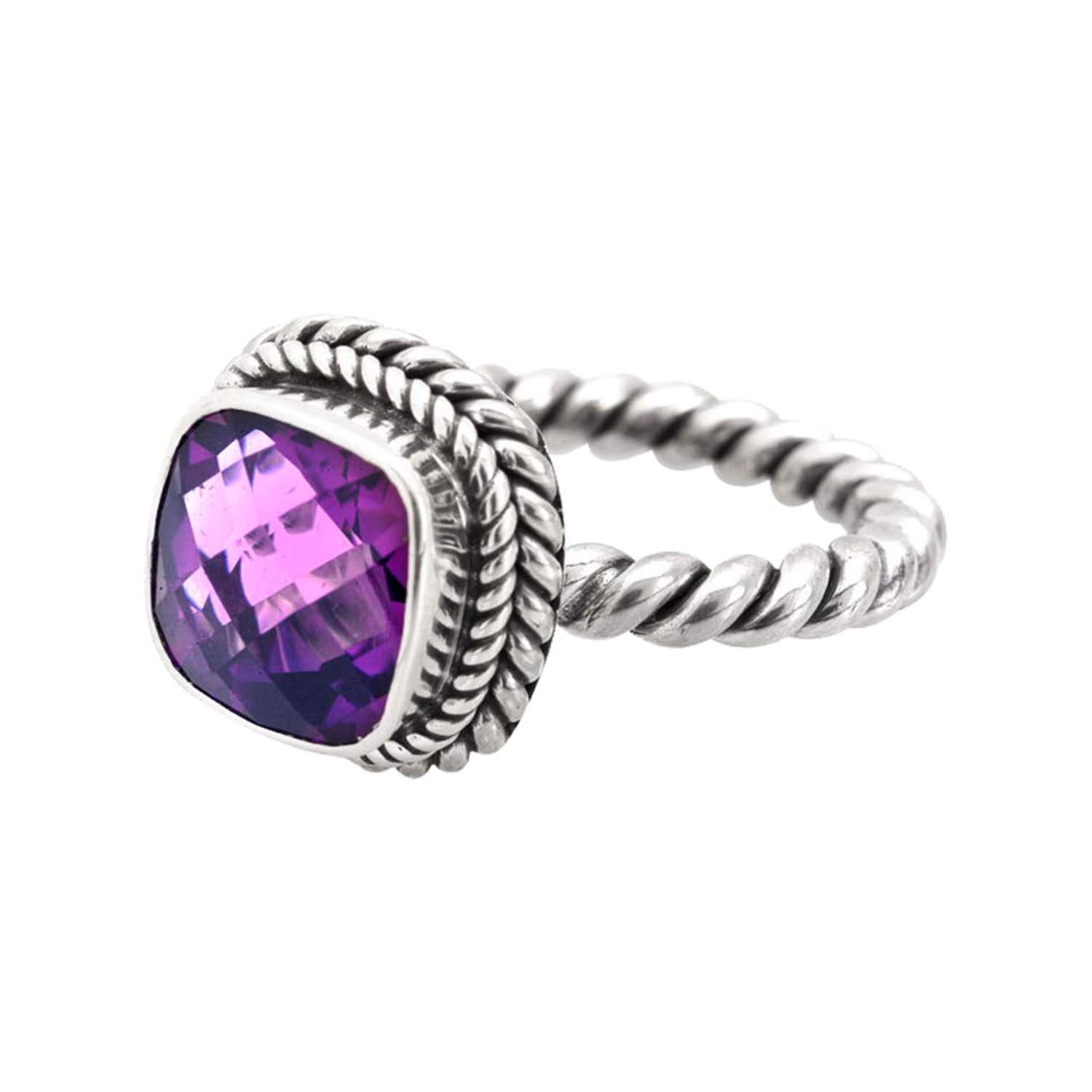 Sterling Silver Rope Band Ring With Amethyst Quartz Cushion Center