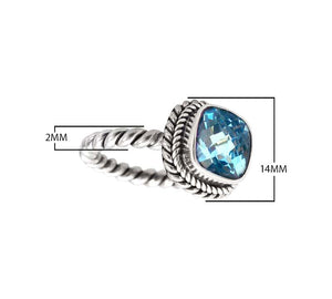 Sterling Silver Rope Band Ring With Blue Topaz Quartz Cushion Center