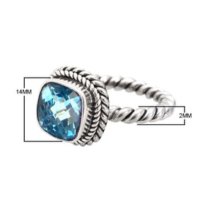 Sterling Silver Rope Band Ring With Blue Topaz Quartz Cushion Center