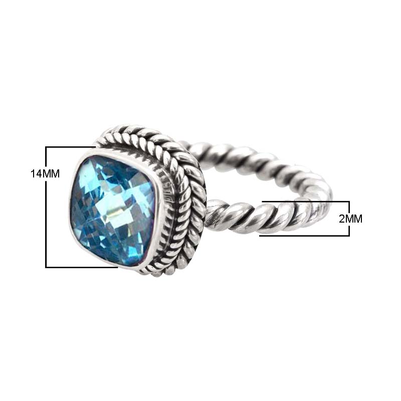 Sterling Silver Rope Band Ring With Blue Topaz Quartz Cushion Center