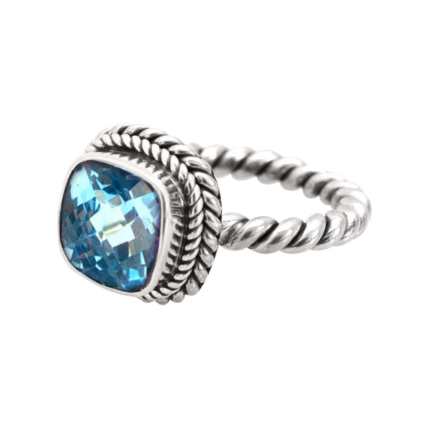 Sterling Silver Rope Band Ring With Blue Topaz Quartz Cushion Center