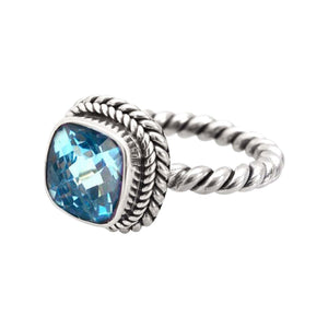 Sterling Silver Rope Band Ring With Blue Topaz Quartz Cushion Center
