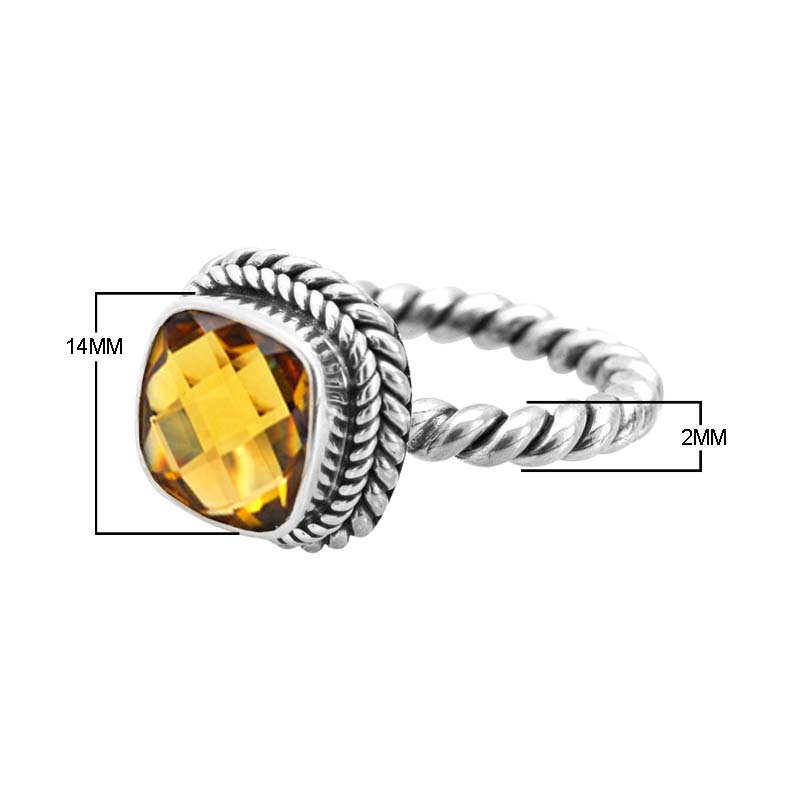 Sterling Silver Rope Band Ring With Citrine Quartz Cushion Center