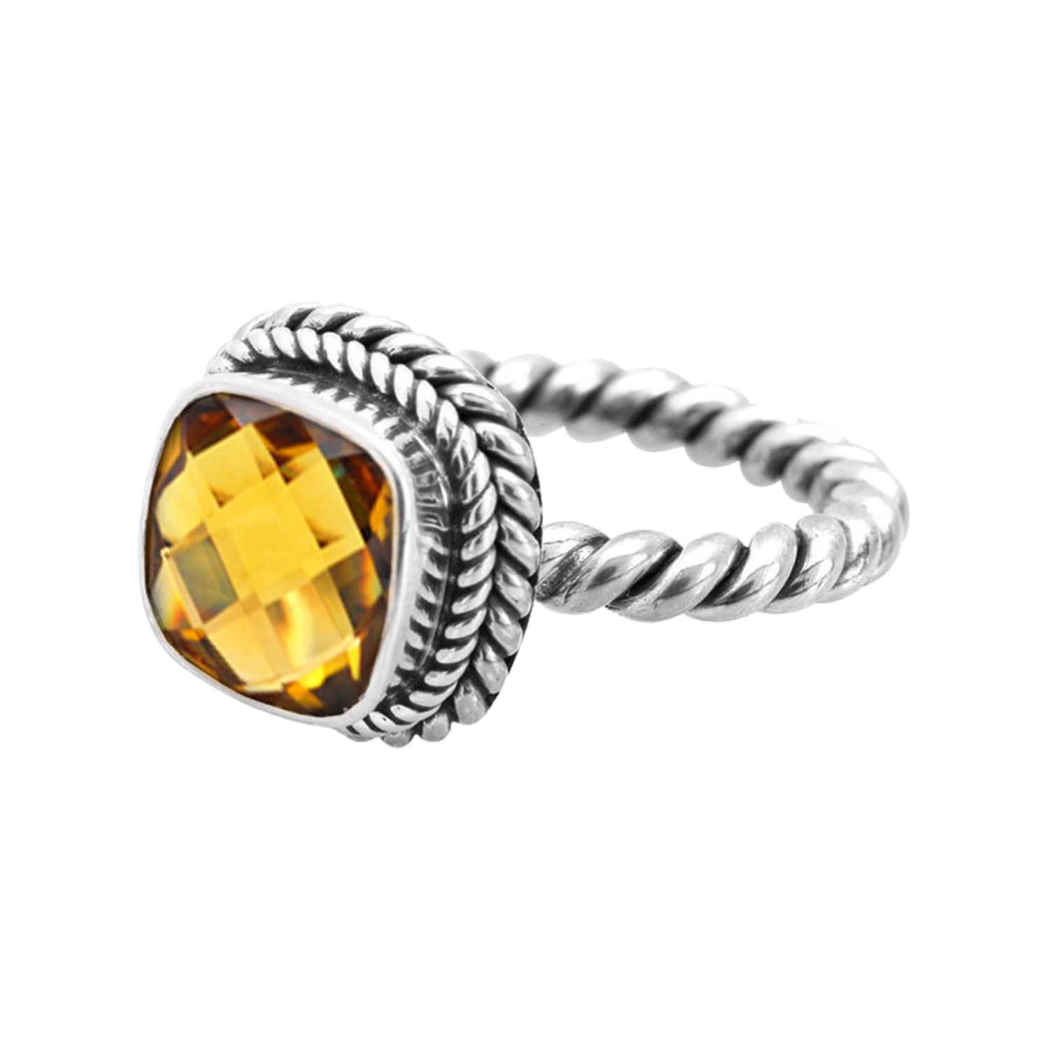 Sterling Silver Rope Band Ring With Citrine Quartz Cushion Center