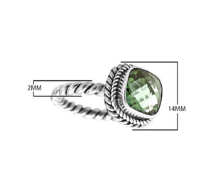 Sterling Silver Rope Band Ring With Green Amethyst Quartz Cushion Center