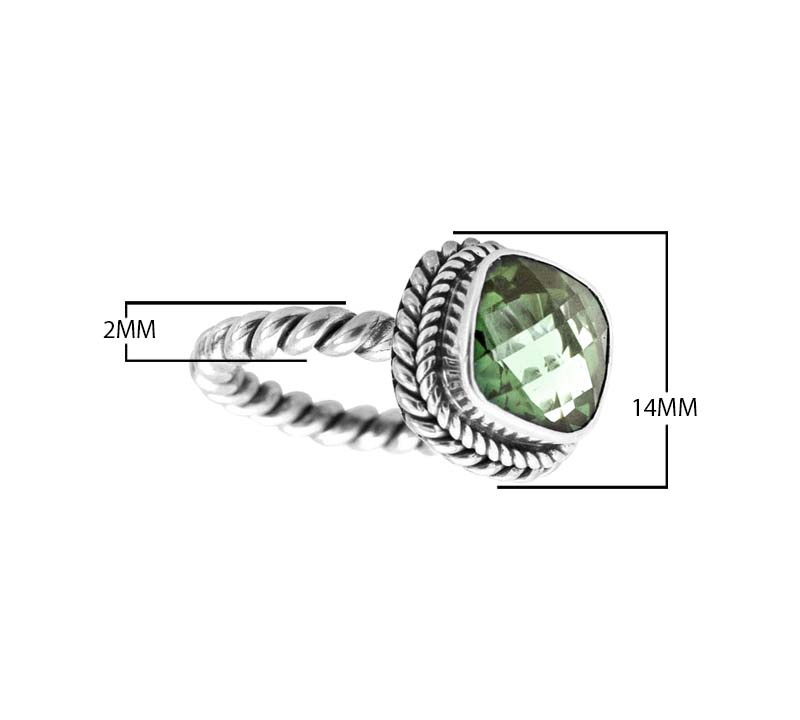 Sterling Silver Rope Band Ring With Green Amethyst Quartz Cushion Center