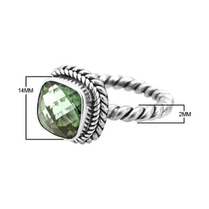Sterling Silver Rope Band Ring With Green Amethyst Quartz Cushion Center