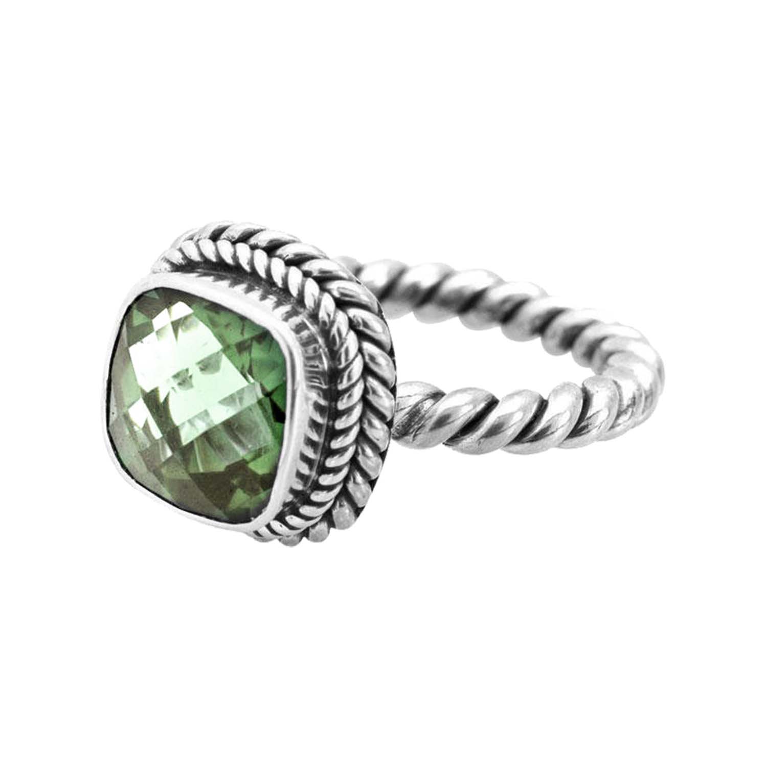 Sterling Silver Rope Band Ring With Green Amethyst Quartz Cushion Center