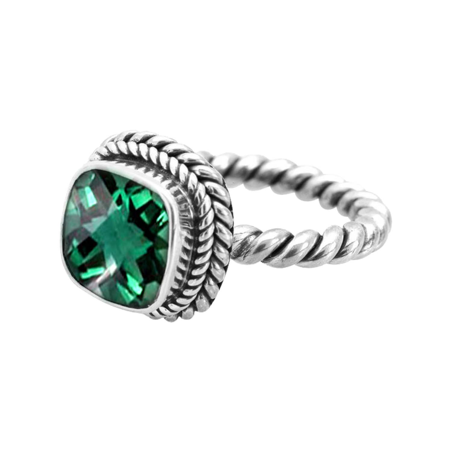 Sterling Silver Rope Band Ring With Green Quartz Cushion Center