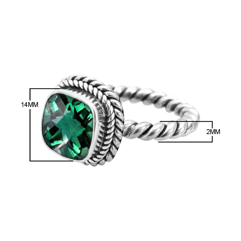 Sterling Silver Rope Band Ring With Green Quartz Cushion Center