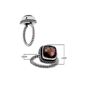 Sterling Silver Rope Band Ring With Smokey Quartz Cushion Center