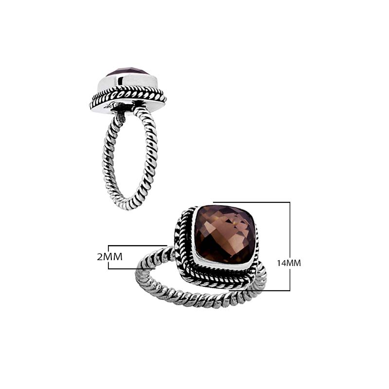 Sterling Silver Rope Band Ring With Smokey Quartz Cushion Center