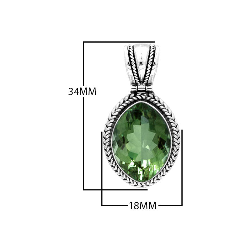 Sterling Silver Pendant With Green Quartz Oval Stone And Rope Frame