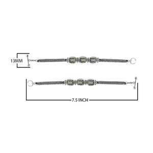 Sterling Silver Bali Handcrafted Green Amethyst Quartz Cushion Link Bracelet With Textured Chain And Toggle Clasp.