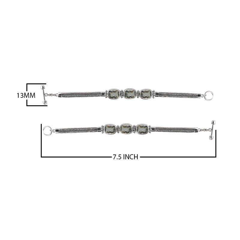 Sterling Silver Bali Handcrafted Green Amethyst Quartz Cushion Link Bracelet With Textured Chain And Toggle Clasp.