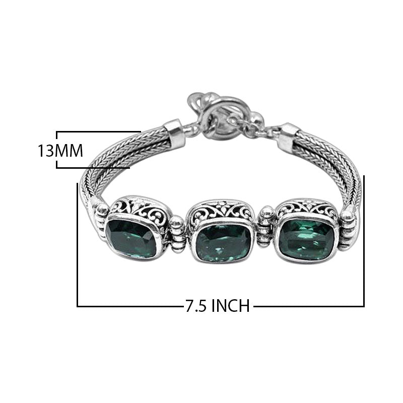 Sterling Silver Bali Handcrafted Green Quartz Triple Cushion Bracelet With Filigree And Woven Chain.