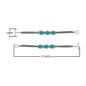 Sterling Silver Bali Turquoise Shell Cushion Link Bracelet With Woven Chain And Toggle Clasp.
