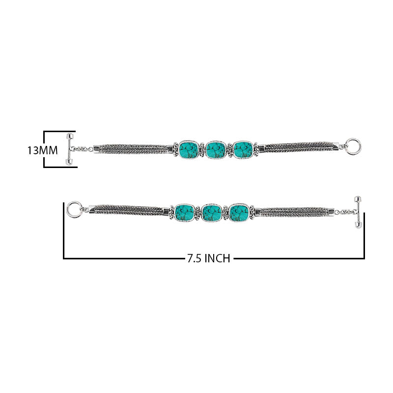 Sterling Silver Bali Turquoise Shell Cushion Link Bracelet With Woven Chain And Toggle Clasp.