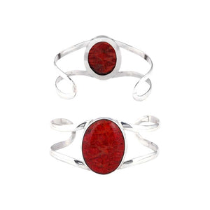 Wholesale Sterling Silver Cuff Bracelet With Oval Red Coral Centerpiece
