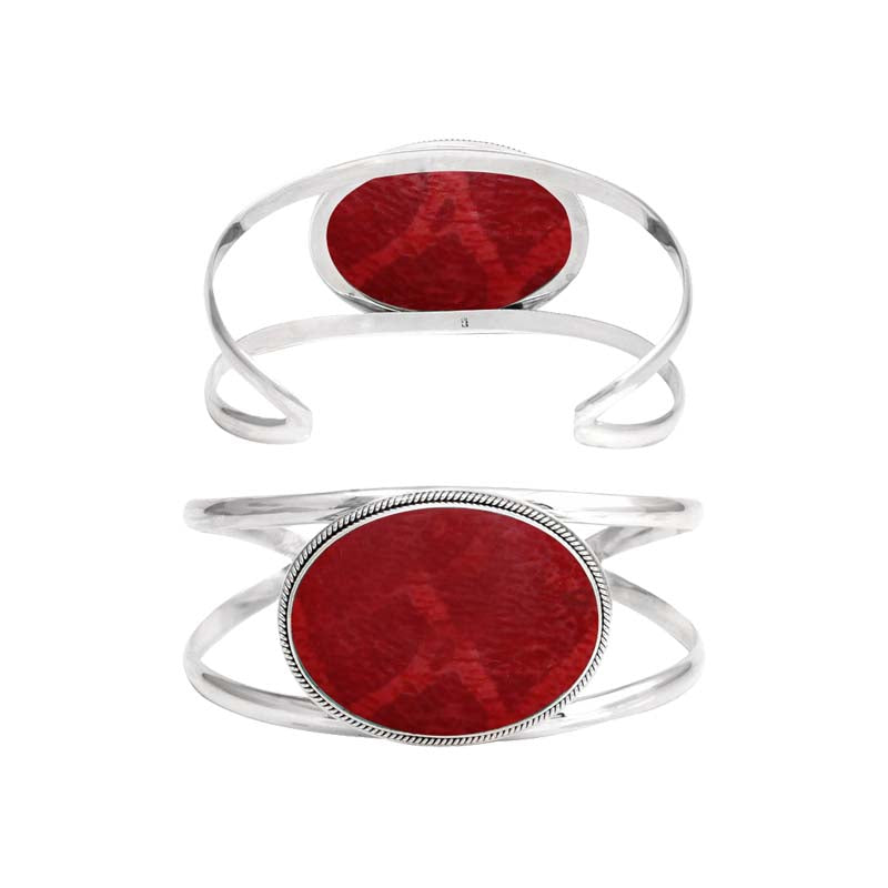 Wholesale Sterling Silver Cuff Bracelet With Oval Red Coral Centerpiece