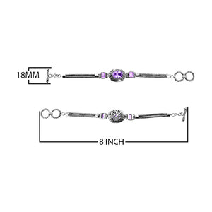 Sterling Silver Bracelet With Amethyst Quartz Stones In Oval And Emerald-Cut Shapes With Ornate Scrollwork And Woven Links