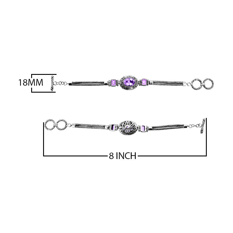 Sterling Silver Bracelet With Amethyst Quartz Stones In Oval And Emerald-Cut Shapes With Ornate Scrollwork And Woven Links