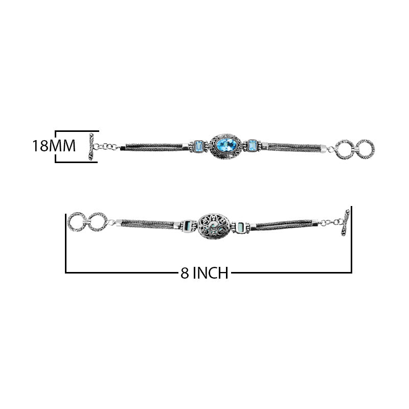 Sterling Silver Bracelet With Blue Topaz Quartz Stones In Oval And Emerald-Cut Shapes With Ornate Scrollwork And Woven Links