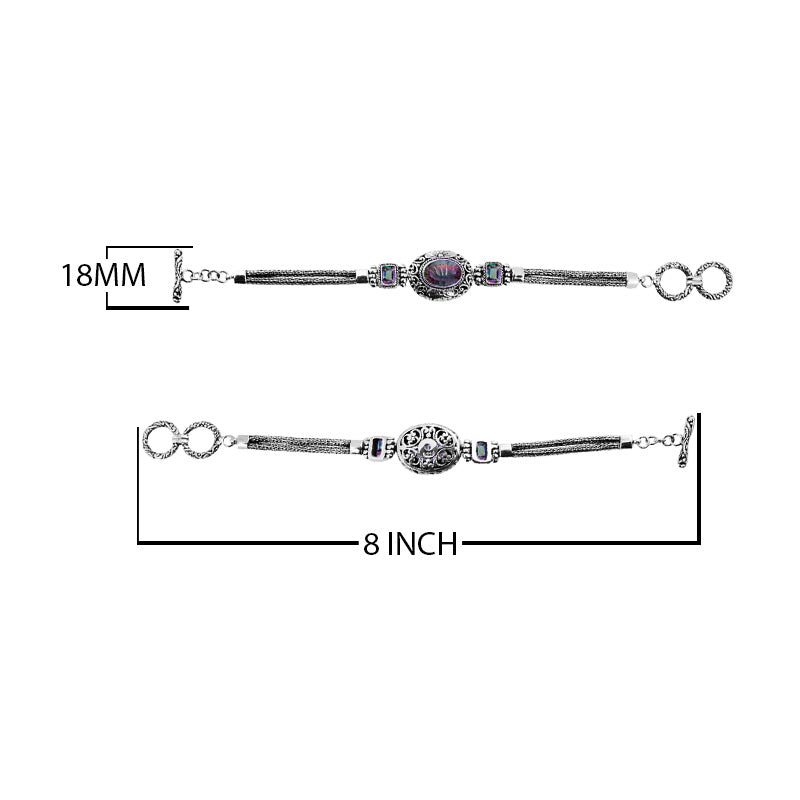 Sterling Silver Bracelet With Mystic Quartz Stones In Oval And Emerald-Cut Shapes With Ornate Scrollwork And Woven Links