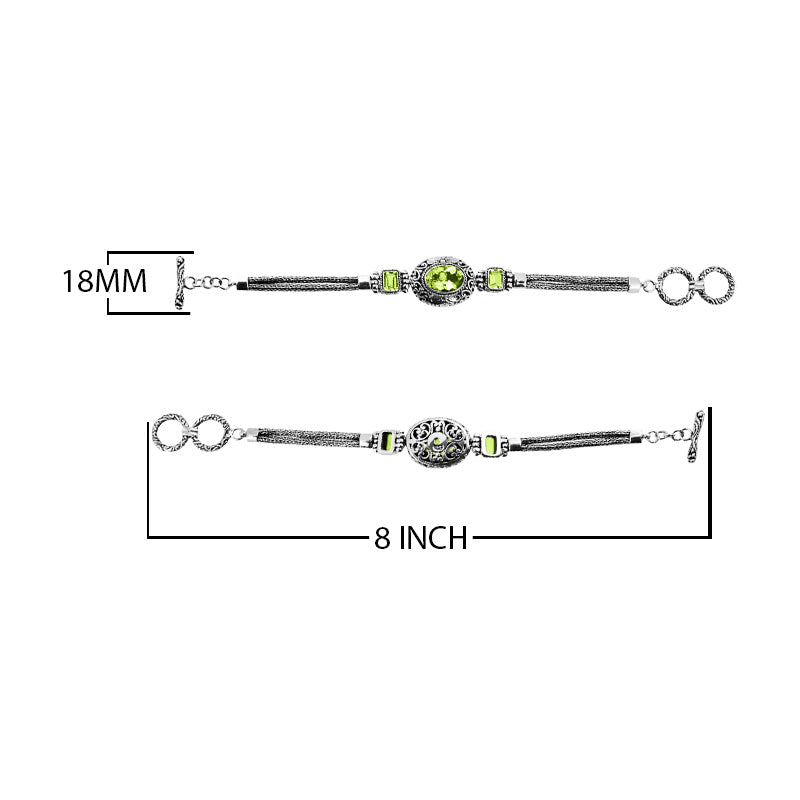 Sterling Silver Bracelet With Peridot Quartz Stones In Oval And Emerald-Cut Shapes With Ornate Scrollwork And Woven Links