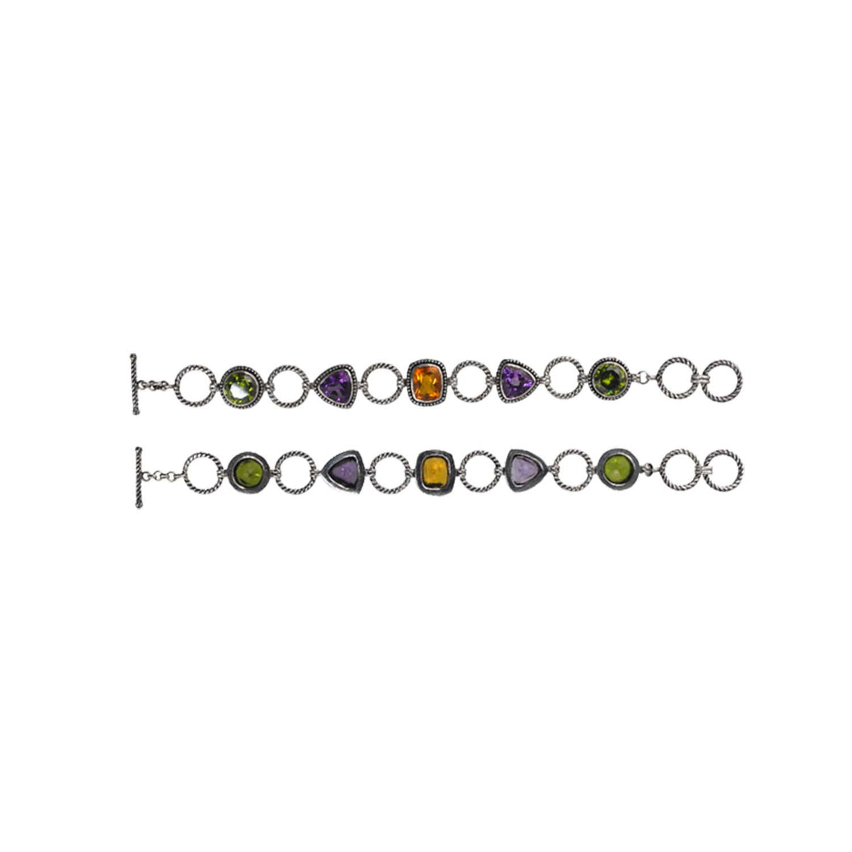 Wholesale sterling silver multi stone bracelet with Amethyst, Citrine, Peridot, and Chalcedony Quartz handcrafted in Bali
