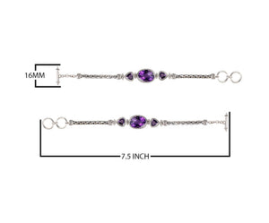 Sterling Silver Bracelet With Amethyst Quartz Oval And Trillion Stones With Woven Chain Links