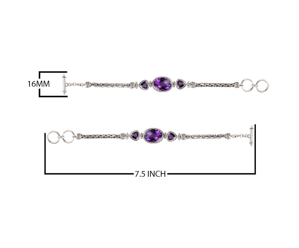 Sterling Silver Bracelet With Amethyst Quartz Oval And Trillion Stones With Woven Chain Links