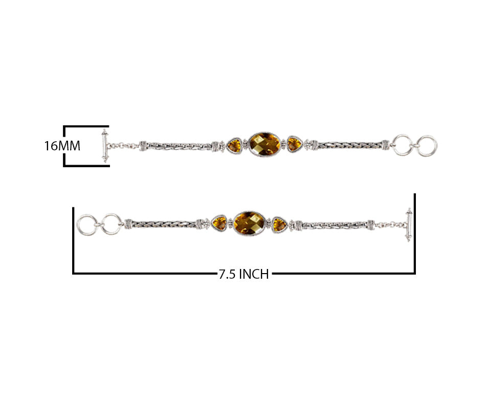 Sterling Silver Bracelet With Citrine Quartz Oval And Trillion Stones With Woven Chain Links