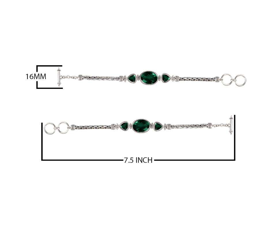 Sterling Silver Bracelet With Green Quartz Oval And Trillion Stones With Woven Chain Links