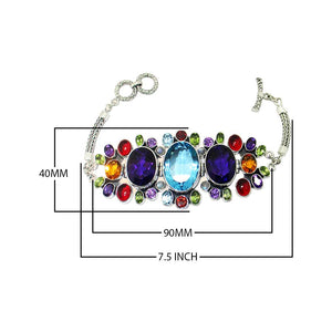 Sterling Silver Multistone Bracelet With Blue Topaz Quartz, Amethyst Quartz, Citrine Quartz, Garnet Quartz, Peridot Quartz And Rainbow Moonstone Quartz In Ornate Panel Design