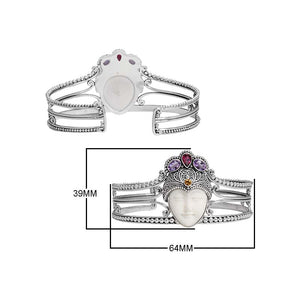 Sterling Silver Balinese Cuff Bracelet With Bone Face Garnet Quartz Citrine Quartz And Amethyst Quartz Accents