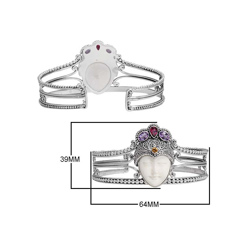 Sterling Silver Balinese Cuff Bracelet With Bone Face Garnet Quartz Citrine Quartz And Amethyst Quartz Accents