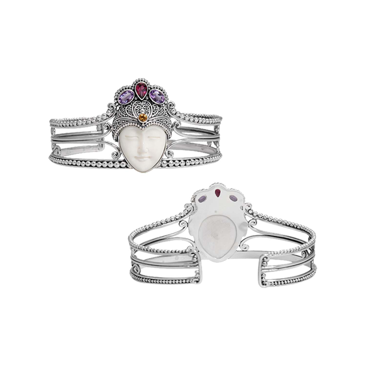 Sterling Silver Balinese Cuff Bracelet With Bone Face Garnet Quartz Citrine Quartz And Amethyst Quartz Accents