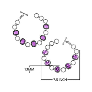 Sterling Silver Bracelet With Cushion-Cut Amethyst Quartz Stones Linked With Silver Rings