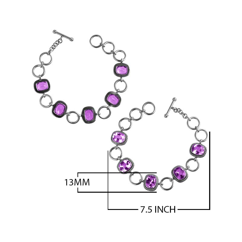 Sterling Silver Bracelet With Cushion-Cut Amethyst Quartz Stones Linked With Silver Rings