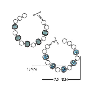 Sterling Silver Bracelet With Cushion-Cut Blue Topaz Quartz Stones Linked With Silver Rings