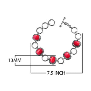 Sterling Silver Bracelet With Cushion Red Coral Stones In Rope Bezels And Large Silver Rings