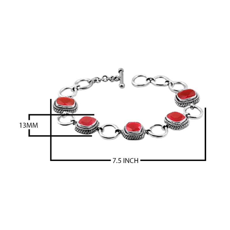 Sterling Silver Bracelet With Cushion-Cut Ruby Quartz Stones And Rope Bezels Linked With Silver Rings